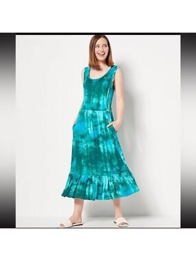Jason Wu Tie Dye Knit Ruffle MIDI Dress Women L Petite Teal